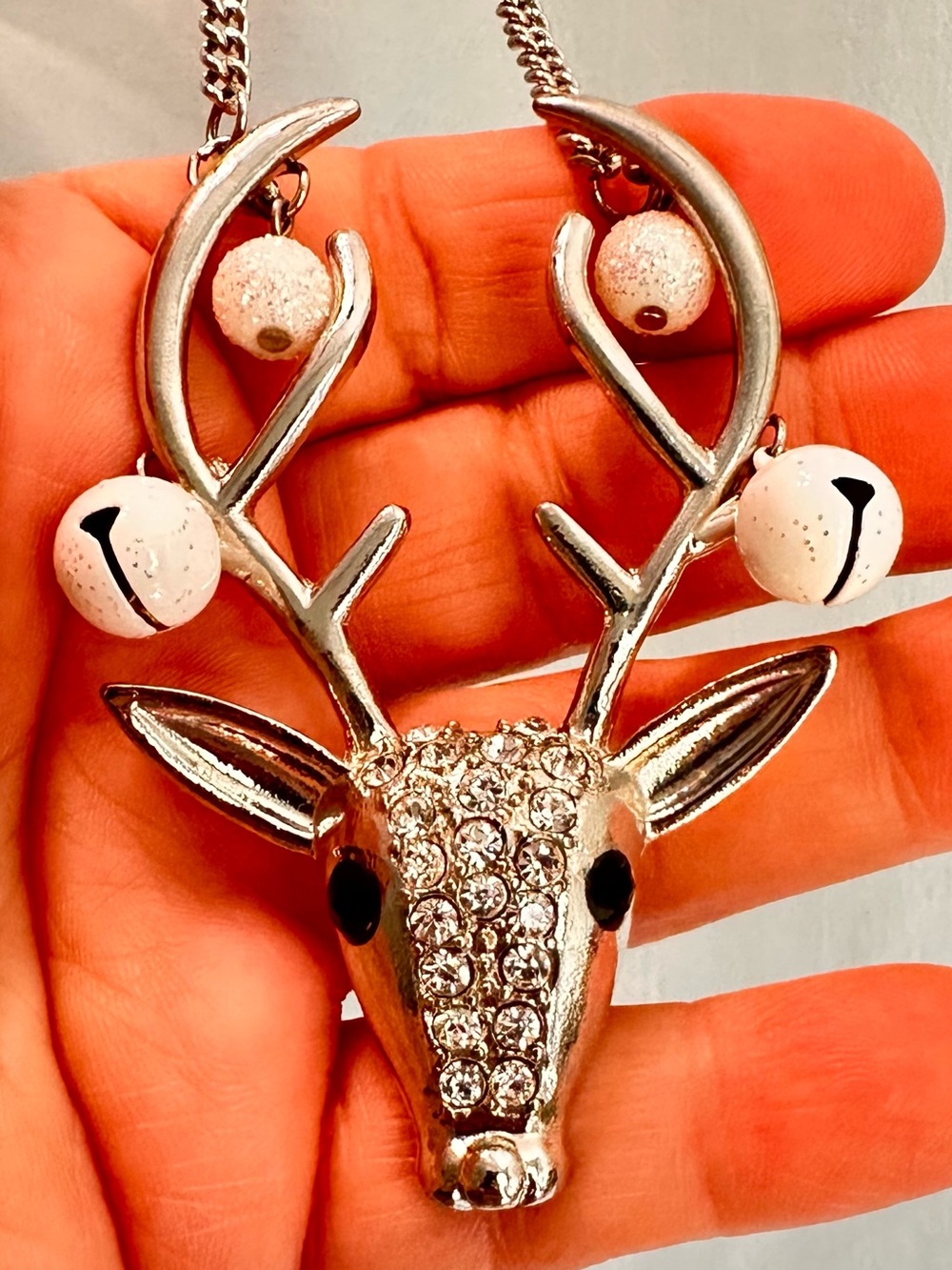 Rhinestone Deer Pendant Necklace in Silver with White Bells